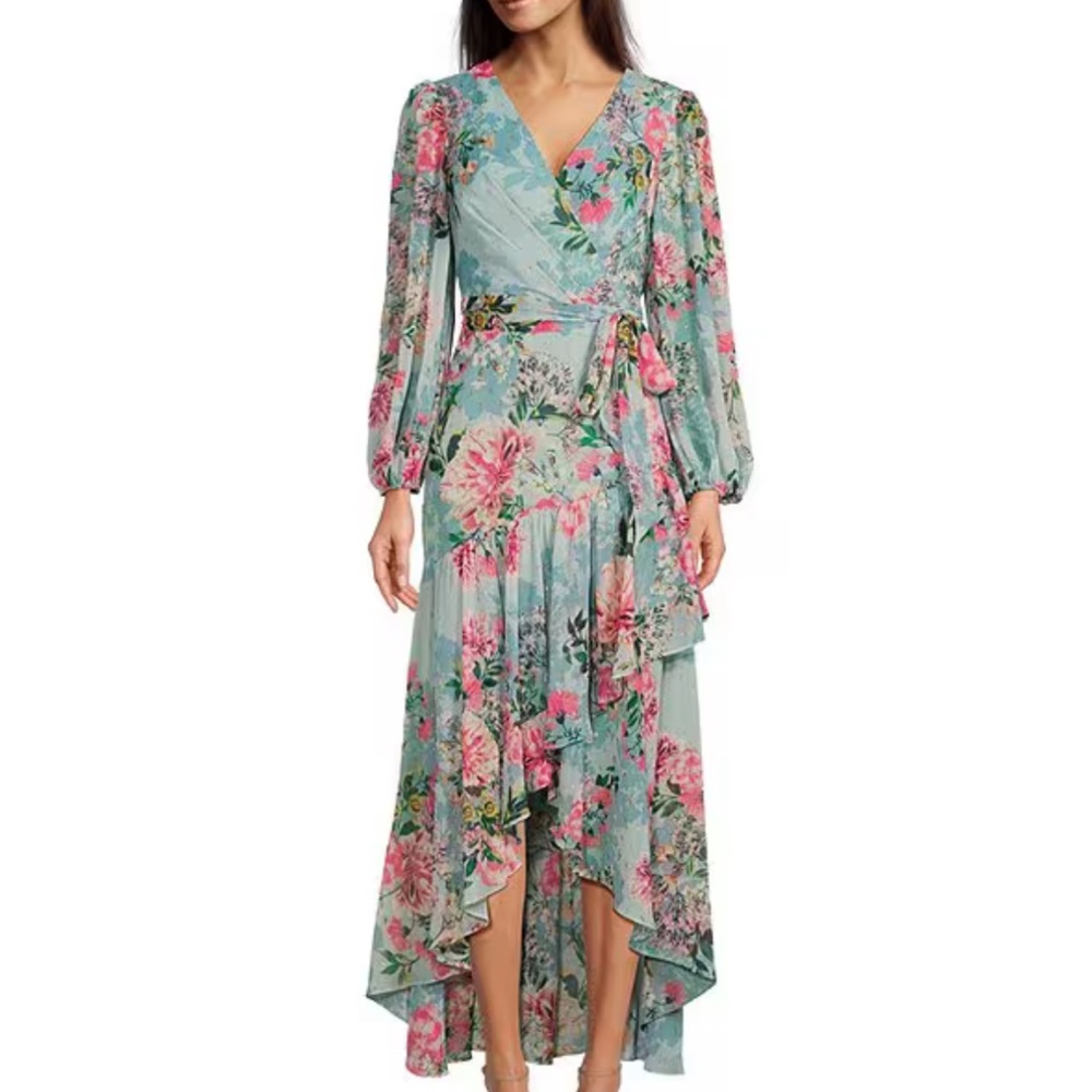 Eliza J Floral Metallic Surplice V Neck Long Sleeve High Low Wrap Maxi Dress 6